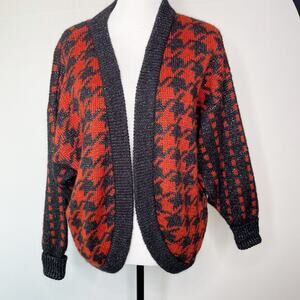Vintage Jaeger London Size L Mohair Houndstooth Cardigan Silver Metallic Thread